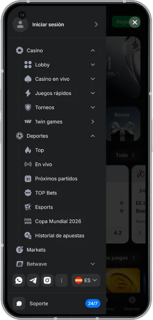 captura de pantalla del menú de la app 1win en chile