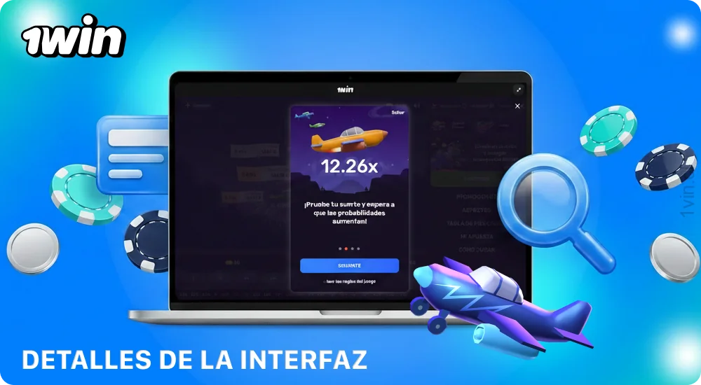 La interfaz de Aviatrix 1win incluye la pantalla de vuelo, las estadísticas, el chat, la configuración de la aeronave y la sección de premios