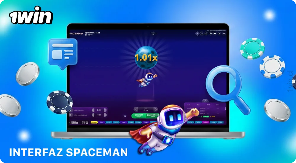 La interfaz de 1win Spaceman incluye el campo de juego, las configuraciones, las estadísticas, el panel de apuestas, el modo de juego automático y mucho más