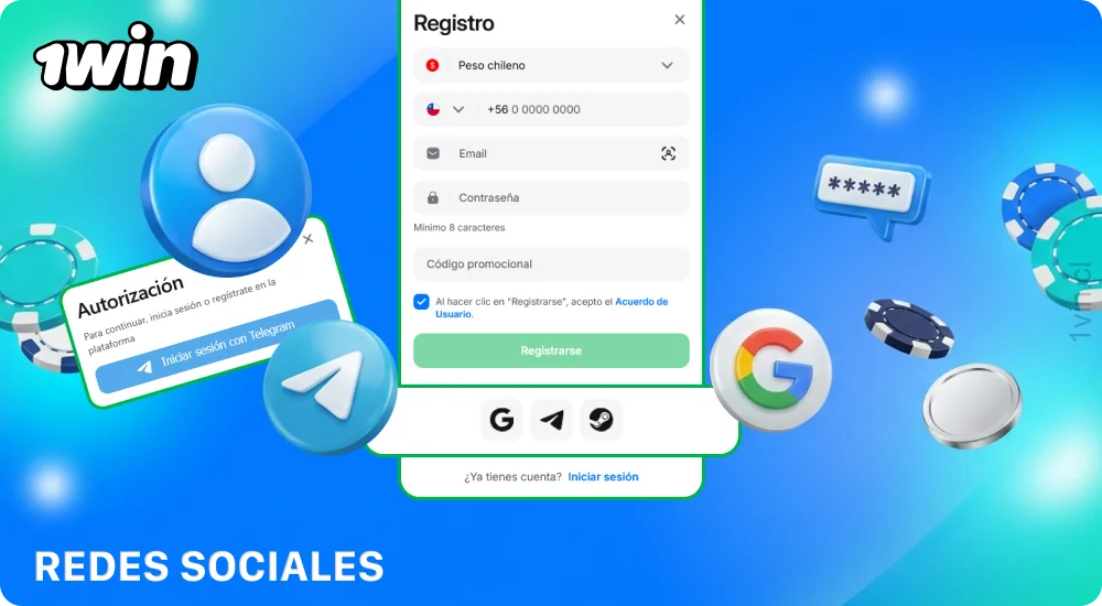 Puedes registrarte en 1win Chile a través de las redes sociales